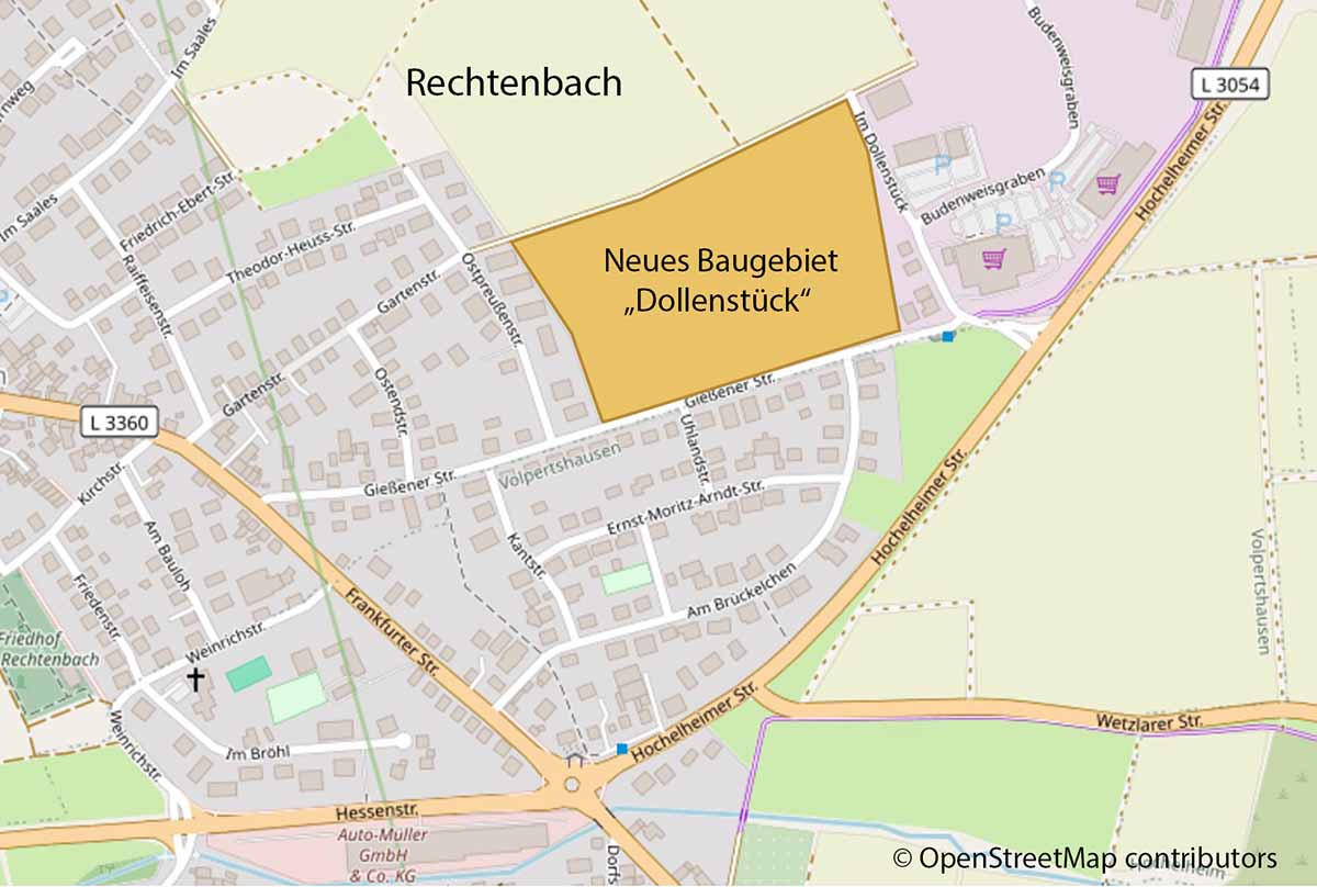 Karte mit der Lage des Baugebietes "Dollenstück" in Rechtenbach